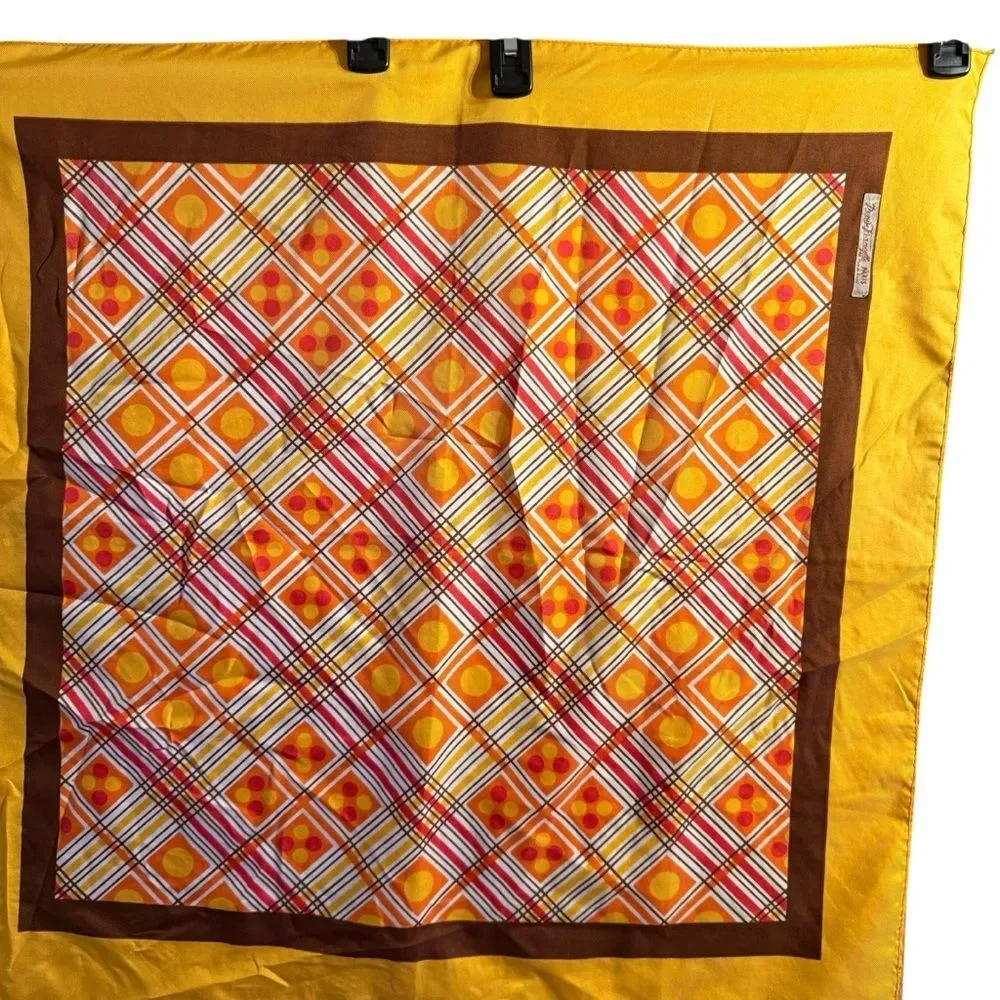 Vintage 1970s Paris Yellow Orange and Brown Geometric Plaid Polyester Scarf